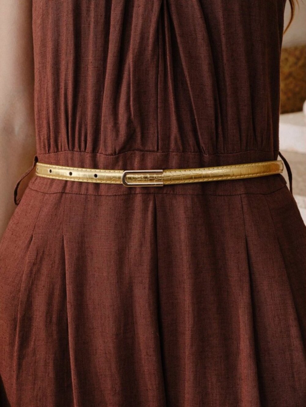 Gold Croc-Embossed Vegan Leather Skinny Belt with Oval Buckle